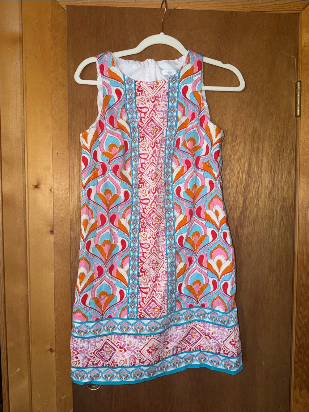 London Times Sleeveless Printed Shift Dress - Pink, Turquoise & Orange size 6
